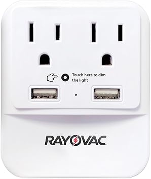 Rayovac Surge Protector with Night Light, 2 Outlet Power Strip with 2 USB-A Ports Adapter for Home, School, or Office, White