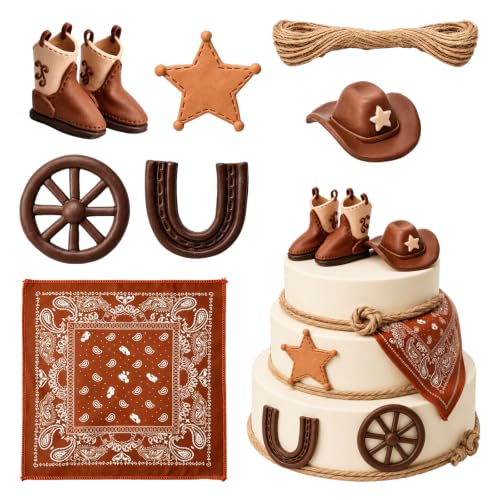 8 PCs Cowboy Cake Decor Set, Western Cake Decorations with Mini Boots, Hat, Horseshoe, Star, Rope & Bandana, Cowboy Cake Topper for Western Theme Birthday Party Cakes