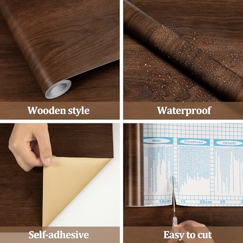 Papier adhésif grain de bois marron pour masquer les rayures d'une table usée