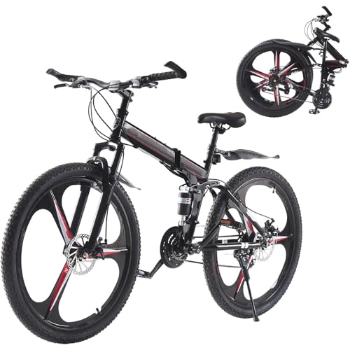 Bicicleta de Montaña Plegable 26' para Adultos, Cuadro de Aleación de Aluminio, 21 Velocidades y Frenos de Doble Disco, Doble Suspensión para Senderos y Uso Urbano, Ideal para Aventuras y Trayectos