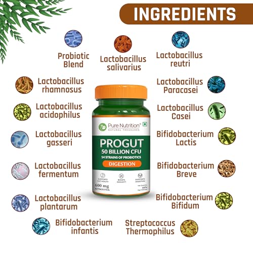 Image of Pure Nutrition Progut Probiotics Supplement 50 Billion CFU | Gut Health Supplements with Probiotic | Gut Cleanse with Prebiotics and Probiotics | Supports Digestive Health | Relief from Gas & Bloating - 60 Capsules