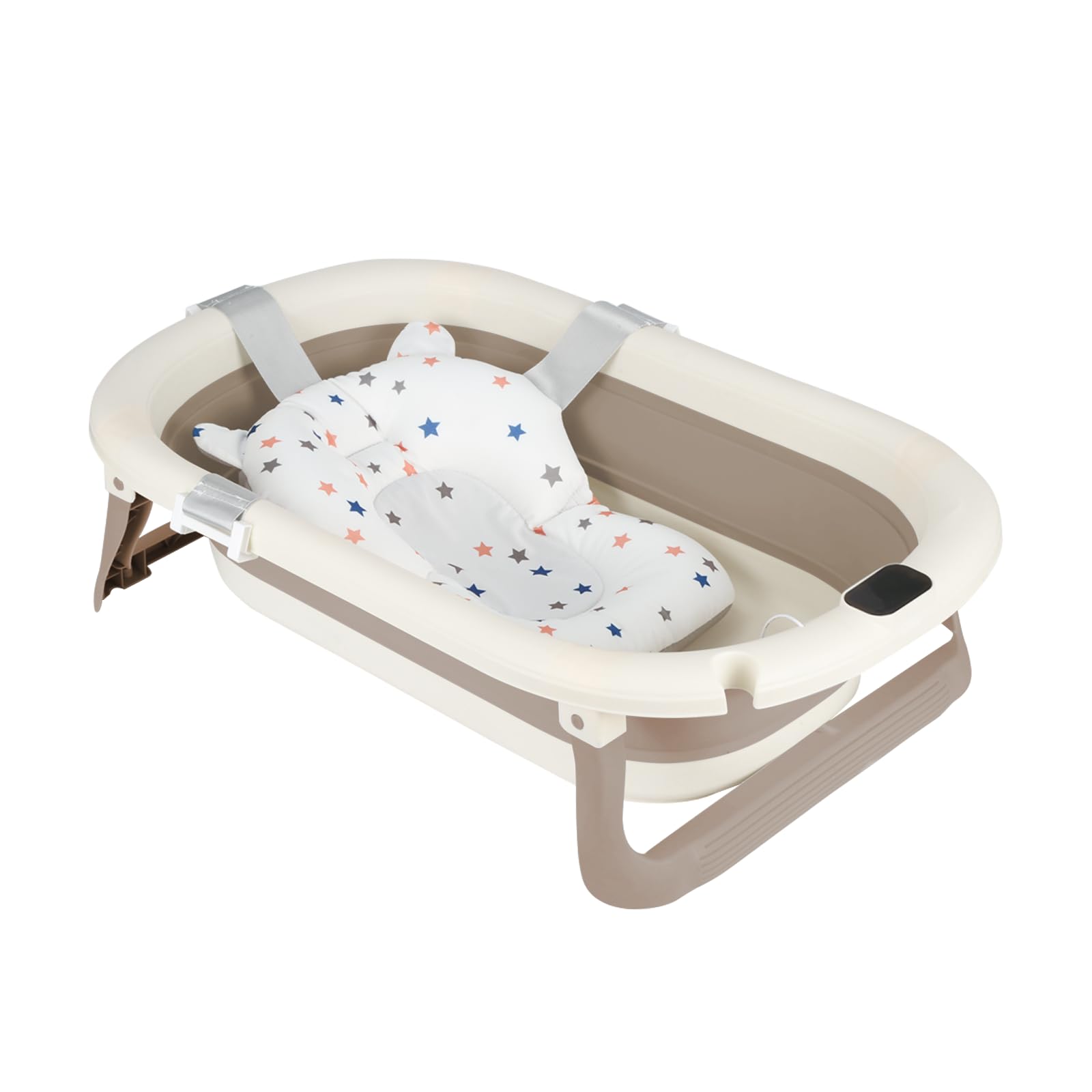 Faltbare Baby Badewanne mit Rutschfestem Kissen – Babywanne Ergonomisch, Tragbare Badewanne für Neugeborene 0-36 Monate, Kompakt & Sicher(Khaki)