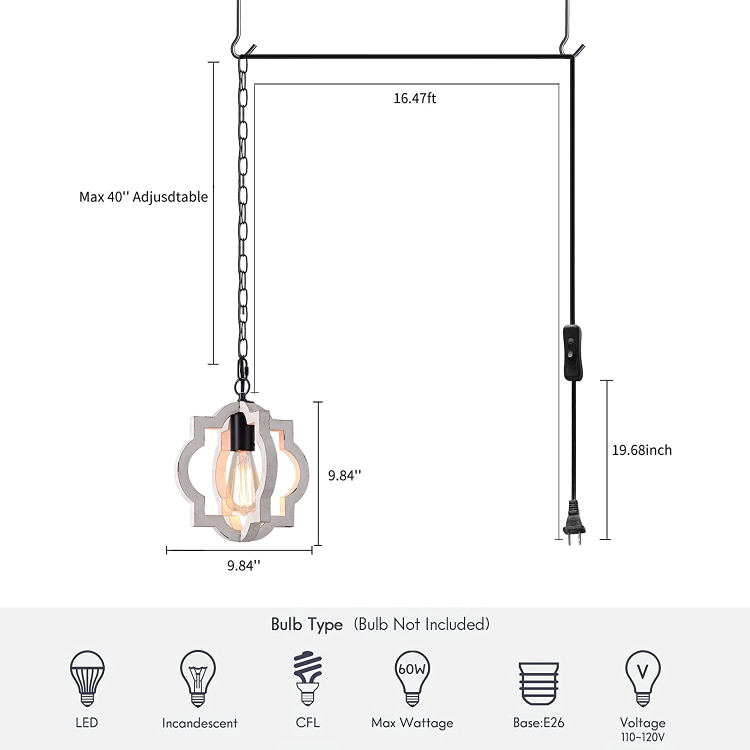1-Light Farmhouse Plug in Pendant Light,Wood Hanging Light with 16.4FT Cord with Switch,Hand-Painted Distressing White Finish,for Kitchen Dinning Room Bathroom