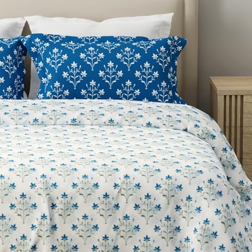 Image of Layers 100% Cotton for King Size Bed | 120 TC Floral, Soft, Breathable, Machine Washable Bedsheet with 2 Pillow Covers | Forever Collection (274 x 274 cm) - Blue & White