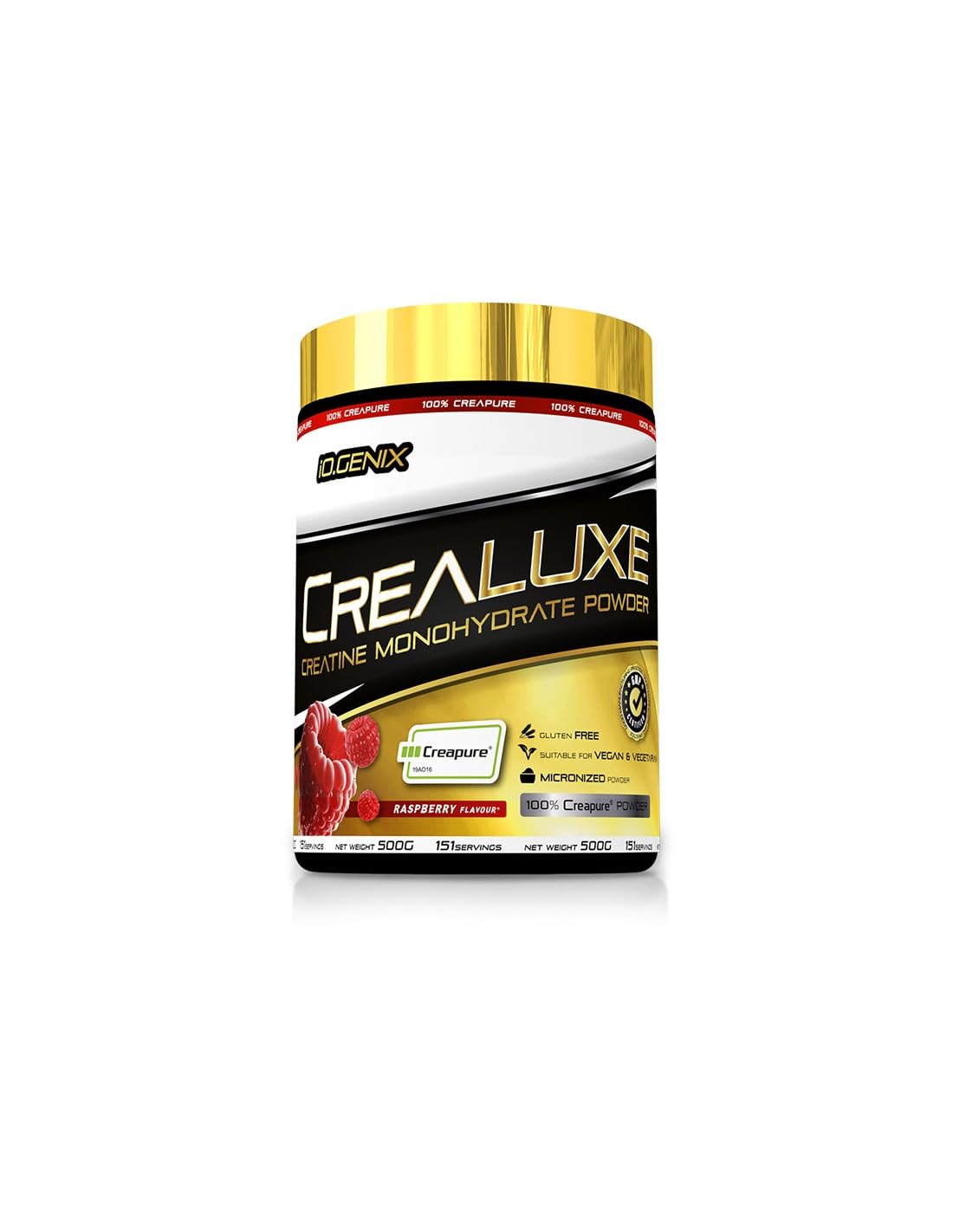 iO.GENIX - Crealuxe | Creatina | Creapure | 500g | Polvo Micronizado | Gluten Free | Apta para Veganos y Vegetarianos (500 g, Frambuesa)