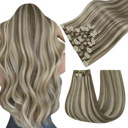 Image of Easyouth Human Hair Clip in Extensions Highlight, 22 Inch 7pcs 120g, Clip in Human Hair Extensions, Light Brown Highlights Platinum Blonde, Invisible Clip in Hair Extension Human Hair, Remy Hair