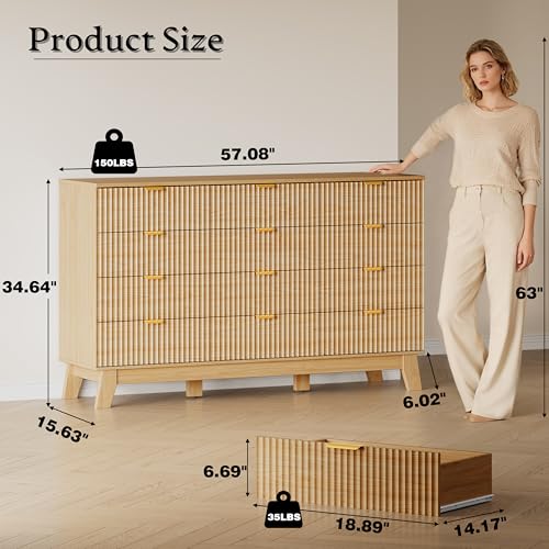 Image of BORNOON 57 inch Wide Dresser for Bedroom, 12-Drawer Fluted Dresser with Metal Handles, Wood Chest of Drawers with Smooth Slides and Stable Base, Modern Storage Cabinet for Living Room, Nursery