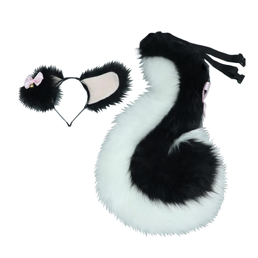 TTYAO REII Fluffy Wolf Ears and Tail Set Anime Cosplay Dog Fox Cat Ears Headband and Tail for Furry Costume Accessories (Black White)