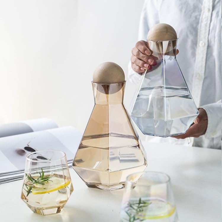 Karaffe 1 Set Luxus-Wasserkocher aus rautenförmigem Glas mit Kugeldeckel aus Naturholz, durchsichtiger Krug for kaltes Wasser, Saft-Getränkekrug, Heimgetränk Wasserkaraffe (Color : Gray Set)