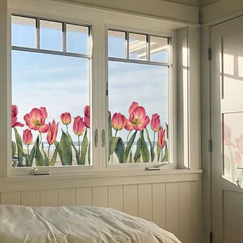 JarThenaAMCS 127Pcs Spring Summer Tulip Window Clings Floral Window Stickers Double-Side Glass Decals for Home Office School Party Shop Display Decorations