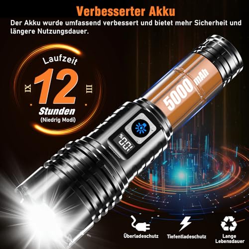 Shadowhawk Shadowhawk Taschenlampe LED Aufladbar Extrem Hell, 500000 Lumen Taschenlampen Batteriebetrieben USB, XHM77.2 Taktische Taschenlampe Starke, Wasserdicht Flashlight Torch für Outdoor Notfälle Camping - Funktionsansicht 5 | TV | Video | Foto