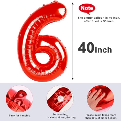 Image of 6 Balloon Numbers Birthday Decorations, 40In Red Balloons for Men Women | Eye-catching Appearance, Perfect Decorative Centerpieces, Convenient Self-sealing Structure, Widely for Various Occasions
