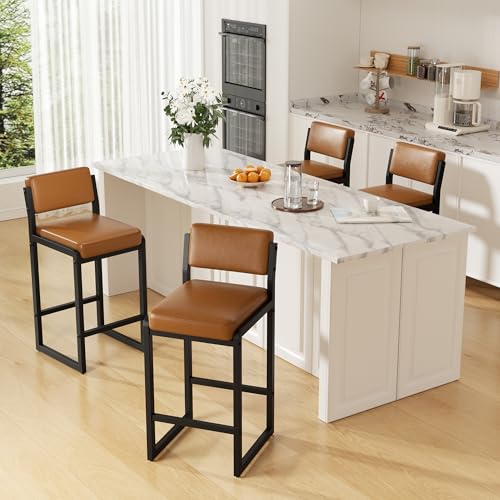 Image of Bar Stools Set of 4, Modern Counter Height Bar Stools with Back,26 inch Caramel