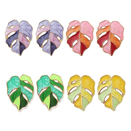 4Pcs Enamel Monstera Leaf Stud Earrings Fashion Bohemian Alloy Earrings Charms Accessories Purple+Yellow+Green+Pink