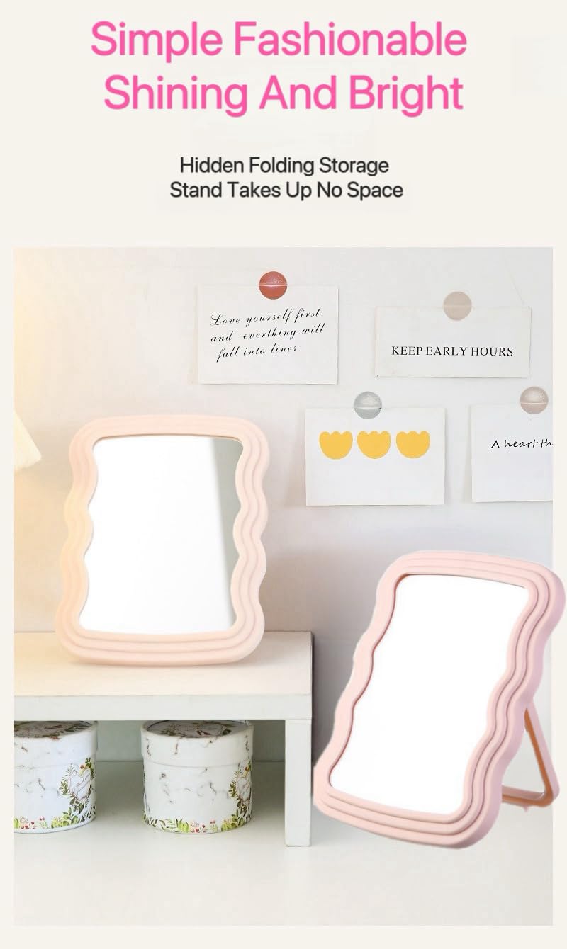 KZhuim Wave-Shaped Foldable Vanity Mirror - Portable Pink Makeup Mirror with Adjustable Angle, 7.81x5.51 Inches, HD Glass for Bedroom, Bathroom & Desk Decor