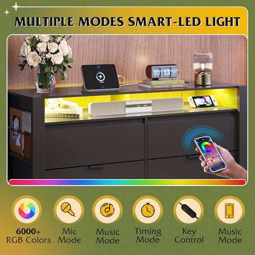 WLIVE 6 Drawer Led Dresser for Bedroom, 50.79'' Black Wood Dresser Storage Organizer with Power Outlets for 55'' TV, Dressers with Open Shelves, Hanging Rack, Chest of Drawers for Closet, Living Room