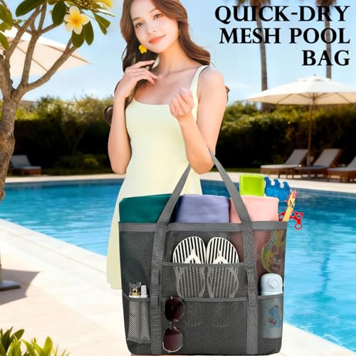 Image of Fammart Mesh Beach Bag for Women, Large Beach Toy Pool Bag with Zipper Pocket, SandProof Cruise Essentials 2026 Family Travel