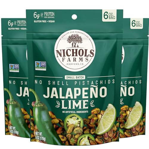 Image of Nichols Farms Pistachios - Fresh Roasted No Shell Pistachio - Nutrient Rich Nuts Snack Packs - Non-GMO, California Grown - Healthy, Wonderful Tasting, Party Snack - (Jalapeno Lime)