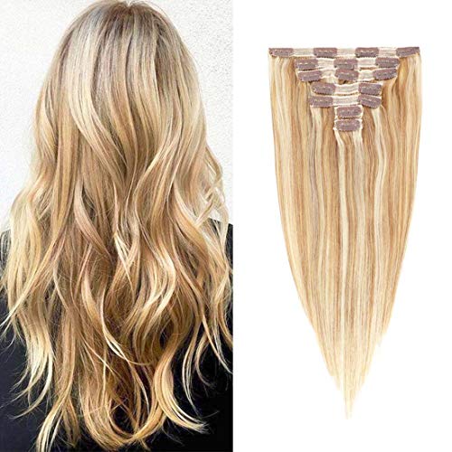 Seelaak 27/613# Strawberry Blonde with Bleach Blonde Premium Remy Human Hair Straight Clip In Hair Extensions 18 Inches 7pcs 130g/set