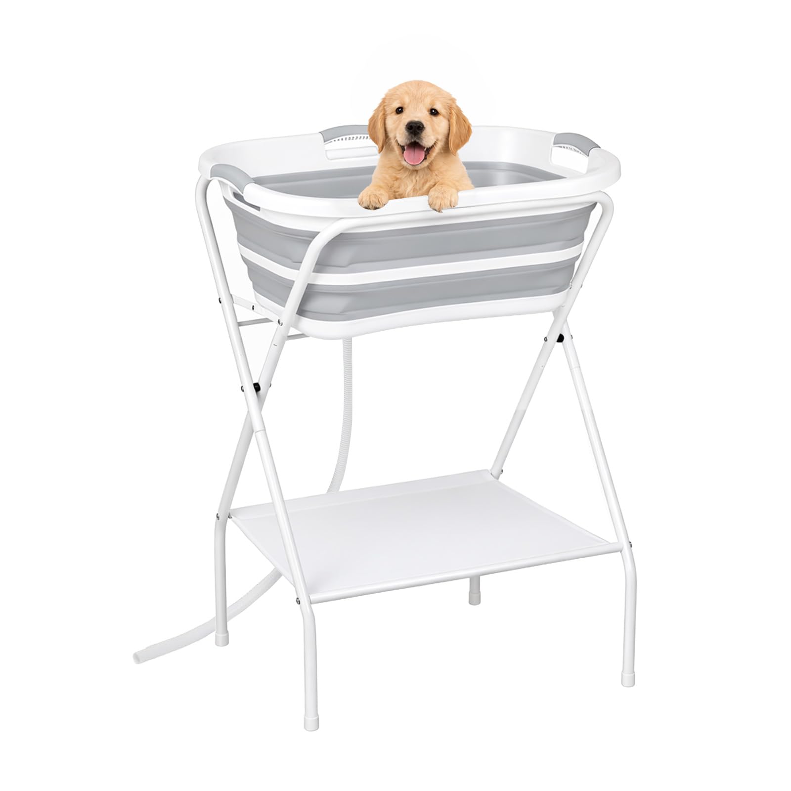 LN COZY CORNER 2-in-1 Elevated Dog Bathtub Portable Foldable Pet Bath Tub with Drain Hose & Storage Shelf, Collapsible Dog Washing Station Grooming Shower for Small Dogs & Cats Indoor Outdoor
