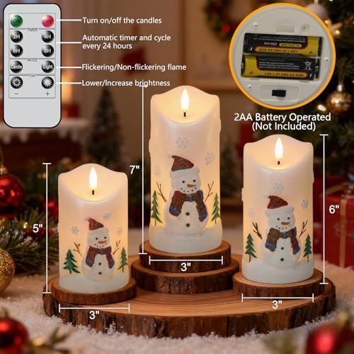 Image of Wondise Christmas Snowman Flameless Candles, Real Wax Battery Operated with Remote Timer, Glitter White Snowman LED 3D Wick Flickering Pillar Candles for Christmas Decor