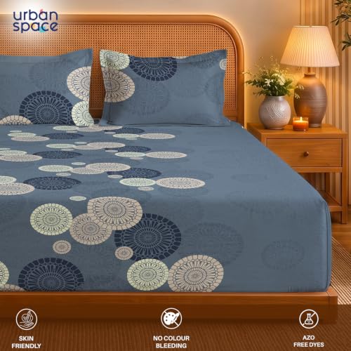 Image of Urban Space Serene 300TC 100% Cotton Bedsheet for Double Bed, Panel Design Bedsheet, Printed Queen Size Bed Sheet with 2 Pillow Covers (90 x 100 Inches, Moonstone Dusty Blue)