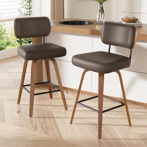 Image of Swivel Bar Stools Set of 2, 26 inch Upholstered Faux Leather Counter Height Barstools with Walnut Back & Bentwood Legs, Mid Century Modern Bar Chairs Island Stools for Kitchen Counter, Coffee
