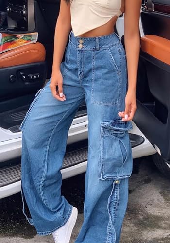 Blue Wide Leg Cargo Jeans for Women Summer Casual High Waisted Y2k Long Denim Pants3