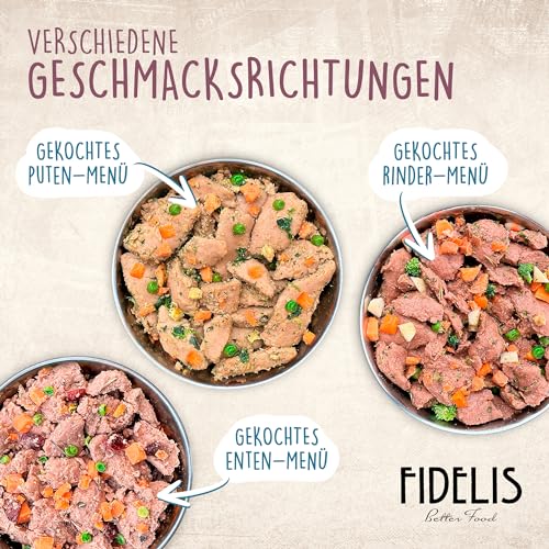 Fidelis – Gekochtes Frische-Menü Hunde mit Huhn, Reis, Zucchini & Mango (6 x 400g Glas) – Hundefutter mit 70% Fleischanteil & frischen Zutaten – Nassfutter ohne Zusätze & ungekühlt haltbar