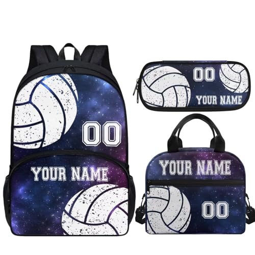 3PCS Custom Volleyball School Backpack Set for Toddler Boys Girls Travel Bookbag Schoolbag Lunch Bag Pen Case for Preschool Kindergarten Elementary Middle School, Blue Galaxy Star