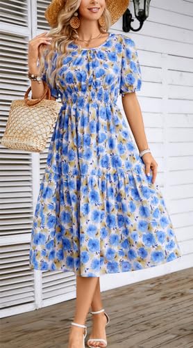 Image of Kormei Women Summer Casual Boho Floral Round Neck Short Sleeve Smocked Waist Tiered Flowy Swing Midi Dress