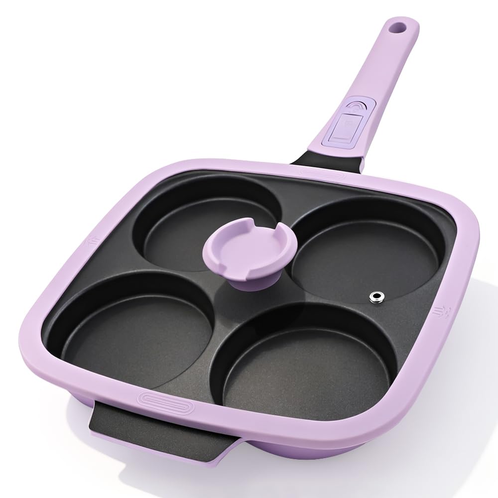 Large 4-Cup Egg Frying Pan with Lid, 26 x 24 cm, Induction, Purple