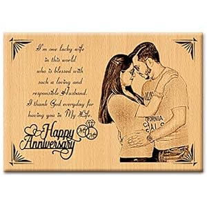 GFTBX ‘Happy Anniversary’ Personalized Engraved Wooden Photo Plaque – couple gifts (7 x 5 inches, Brown)