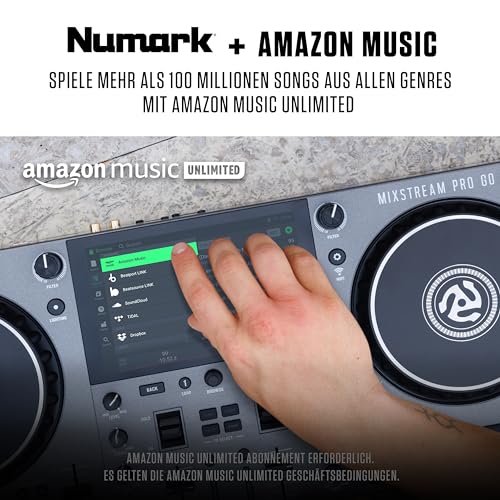 Numark Mixstream Pro Go Tragbarer DJ-Controller mit Akku, Mixer mit Stem-Trennung, Lautsprecher, WLAN-Streaming, Touchscreen, kompatibel mit Serato DJ