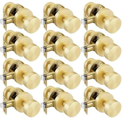 Image of Goldenwarm Gold Door Knobs Passage, Zinc Alloy Keyless Brushed Gold Door Knobs Interior for Hallway & Closet & Living Room, Non-Locking Function, Adjustable & Reversible (12 Pack)