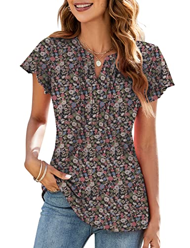 LOMON Women’s Casual Ruffle Cap Sleeve V Neck Summer Blouse Top Shirts Army Green Floral L