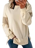 Women's Casual Oversized Sweatshirt Crew Neck Color Block Loose Pullover Tops Side Slit