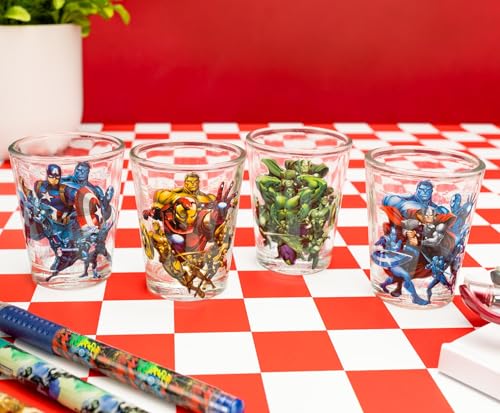 Image of Silver Buffalo Marvel Avengers Featuring Captain America, Hulk, Iron Man, and Thor 4 Pack Mini Glasses, 1.5 Ounces
