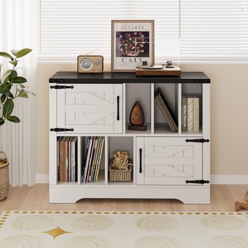 MERXENG 39" Large Vinyl Record Storage Cabinet with 6 Open Cubes & 2 Barn Doors