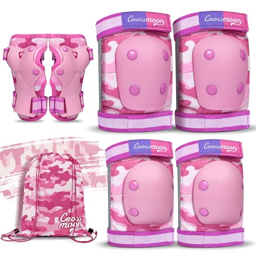 Kids Knee Pads Elbow Pads Wrist Guards Set, Protective Gear Set for Girls Boys Roller Skating Bike Cycling Skateboard Scooter (Pink Camo, Medium (6-12years))
