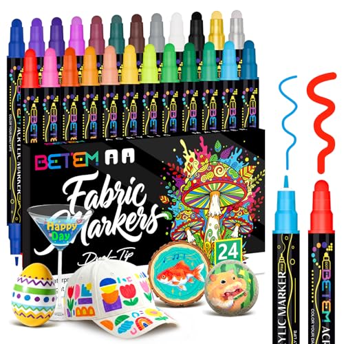 Betem 24 Colors Dual Tip Acrylic Paint Markers, Fabric Decorating Kits Premium Water-Based Acrylic Paint Pens Art Supplies for Fabric, Rock, Wood, Glass, Canvas, Ceramic, Teacher Appreciation Gift