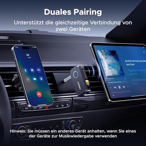 UGREEN Aux Bluetooth 6.0 Adapter Auto mit LDAC Dekodierung, Hi-Res Audio Gold Standard Zertifizierung, 17Std. Akkulaufzeit, Klinke Bluetooth Empfänger für Autoradio/Stereoanlage/Headset