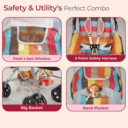 Image of LuvLap Sunshine Baby Stroller /Pram for 0 to 3 Years, New Born /Toddler /Kid, 5 Point Safety Harness, Adjustable backrest, 360 Swivel Wheel, Large Storage Basket, Reversible Handlebar (Stripes)