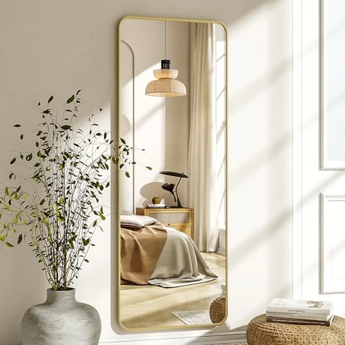 56"x21" Floor Full Length Mirror Standing Full Body Rounded Corner Rectangle Mirrors with Stand Hanging Wall Mounted Leaning Bedroom Living Room Bedroom Cloakroom,Gold - Image 3