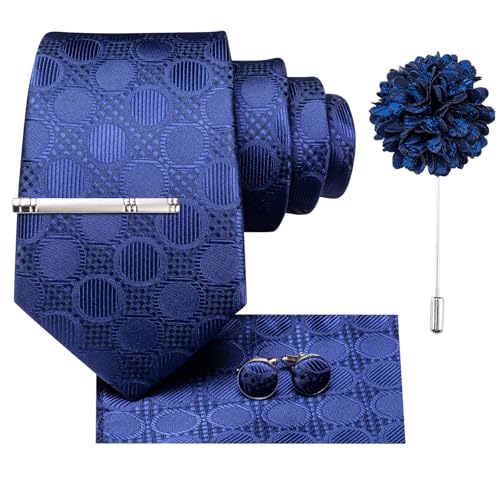 Image of Hi-Tie Royal Blue Checkered Ties for Men Silk Woven Necktie and Pocket Square Lapel Pin Silver Tie Clip Cufflinks Set Wedding Business 6PCS
