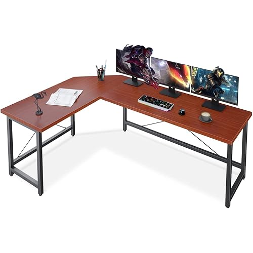 Coleshome 66" L Shaped Gaming Desk, Corner Computer Desk, Sturdy Home Office Computer Table, Writing Desk, Larger Gaming Desk Workstation, Teak