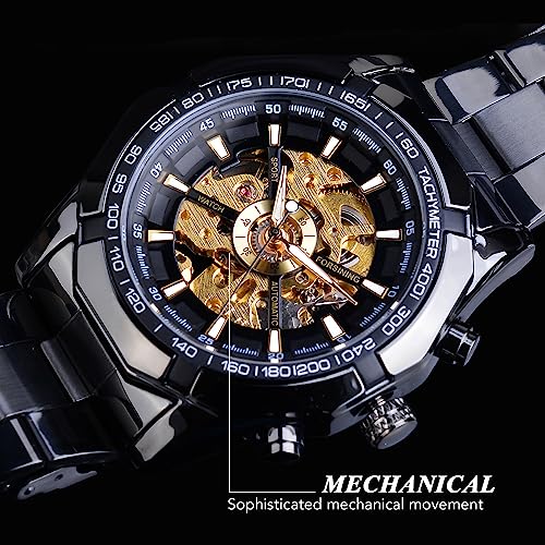 Image of FORSINING Men's Watch Self-wind Skeleton Hollow Out Mechanical Automatic Luxury Watches, Blue Black Stainless Steel Band Waterproof Wristwatch