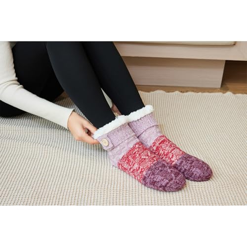 LEMZONE Women's Winter Slipper Socks Warm Cozy Fuzzy Fleece-lined Cabin Socks with Grippers2