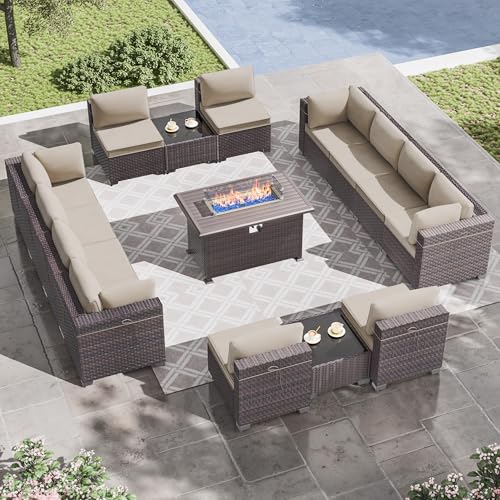 Image of 15 Pieces Outdoor Patio Furniture Set,Outdoor Sectional Furniture with 43 inch 55000 BTU Gas Propane Fire Pit Table,All Weather PE Rattan Wicker Patio Conversation Set,Sand