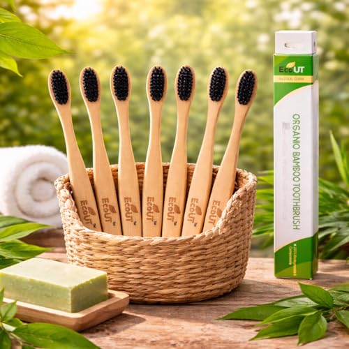 Image of EcoUT Bamboo Toothbrush Pack of 8 | Eco Friendly Wooden Toothbrush | Charcoal Infused Soft Bristles | Biodegradable Toothbrush for Adults & Kids | Plastic Free, Sustainable Oral Care